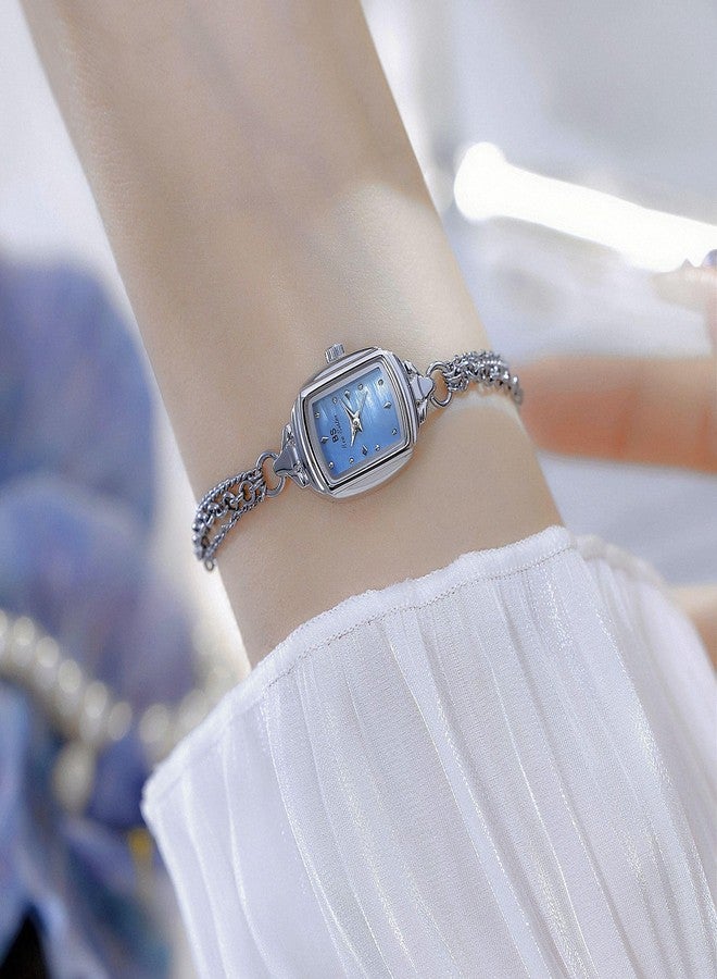 FANMIS Women Classic Vintage Bangle-Style Wristwatch Dainty Small Dial Watch Luxury Dress Gold Bracelet Watch Ladies Minimalist Design Square Wrist Watches (Silver Blue) - Image 2
